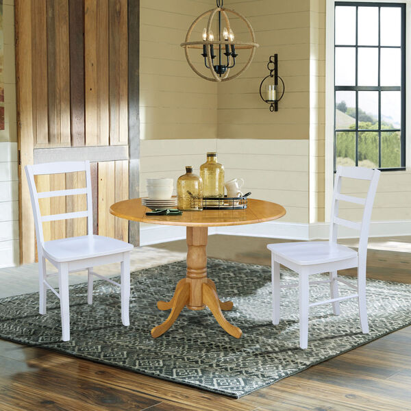 Oak and White 42-Inch Dual Drop Leaf Dining Table with Two Ladder Back Dining Chair, Three-Piece, image 2