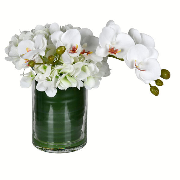 Green and White Orchid with Glass Pot, image 1