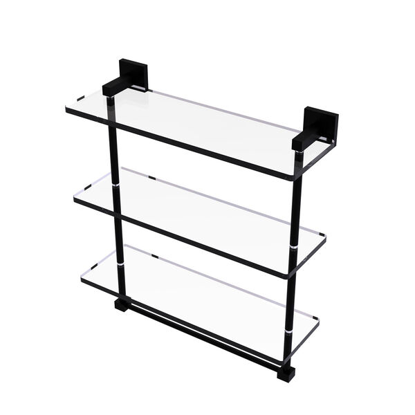 Montero Matte Black 16-Inch Triple Tiered Glass Shelf with Integrated Towel Bar, image 1