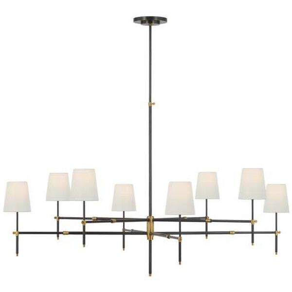 Bryant Bronze and Antique Brass Eight-Light Grande Two Tier Chandelier with Linen Shades by Thomas O'Brien, image 1