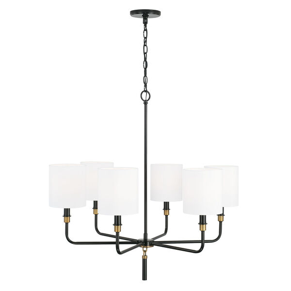 Beckham Glossy Black and Aged Brass Six-Light Chandelier with White Fabric Stay Straight Shades, image 3
