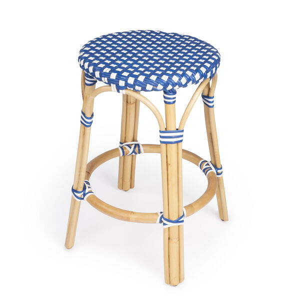 Tobias Bright Sky Blue and White Dot on Natural Rattan Counter Stool, image 1
