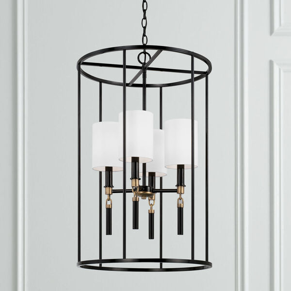 Beckham Glossy Black and Aged Brass Four-Light Cage Foyer with White Fabric Stay Straight Shades, image 2