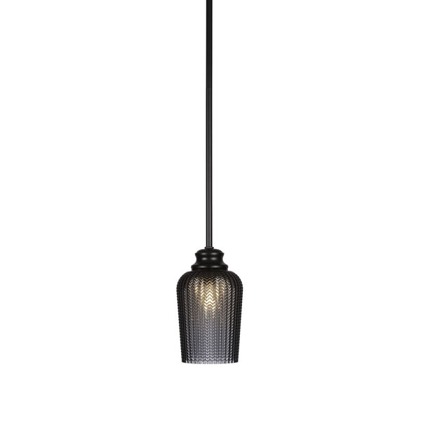 Cordova Matte Black One-Light 9-Inch Stem Hung Mini Pendant with Smoke Textured Glass, image 1