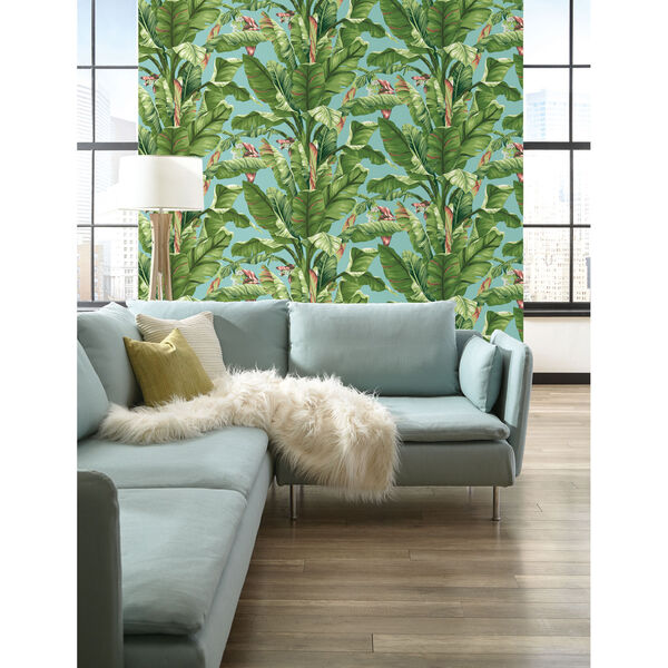 Ashford House Tropics Aqua and Green Banana Leaf Wallpaper, image 3