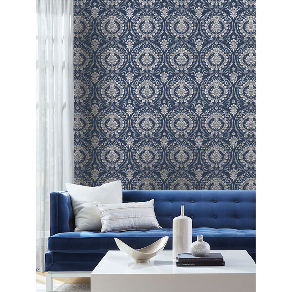 Damask Resource Library Navy and Silver 27 In. x 27 Ft. Imperial Wallpaper, image 2