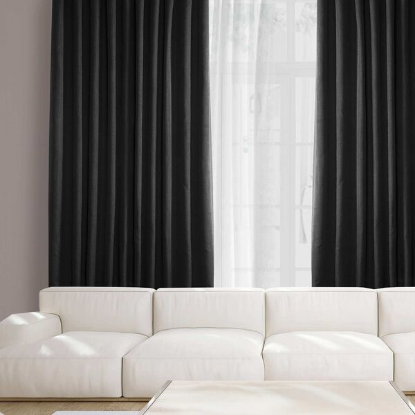 Essential Black Faux Linen Extra Wide Room Darkening Single Panel Curtain, image 2