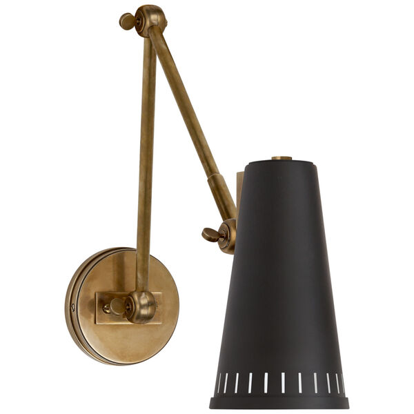 Antonio Adjustable Two Arm Wall Lamp in Hand-Rubbed Antique Brass with Matte Black Shade by Thomas O'Brien, image 1