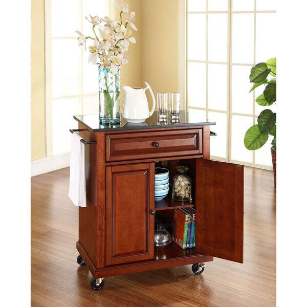 Solid Black Granite Top Portable Kitchen Cart/Island in Classic Cherry Finish, image 2