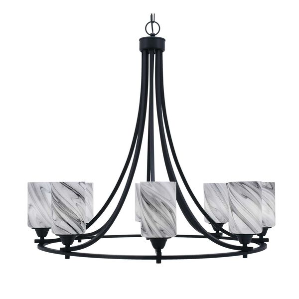 Paramount Matte Black Eight-Light Chandelier with Onyx Cylinder Swirl Glass, image 1