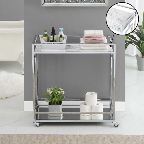 Town Square White Marble Mirror Chrome Marble Mirrored Bar Cart with Shelf, image 6