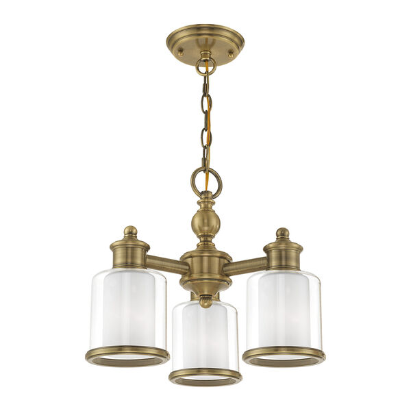 Middlebush Antique Brass 16-Inch Three-Light Convertible Mini Chandelier with Clear and Satin Opal White Glass, image 4