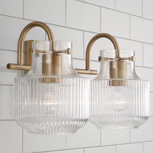 Nyla Aged Brass Two-Light Vanity with Clear Fluted Glass, image 2