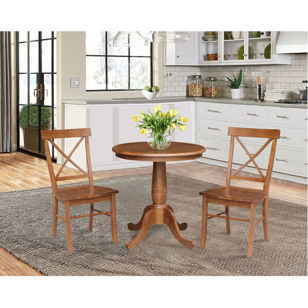 Distressed Oak 30-Inch Round Top Pedestal Table with Two X-Back Chair, Set of Three, image 1