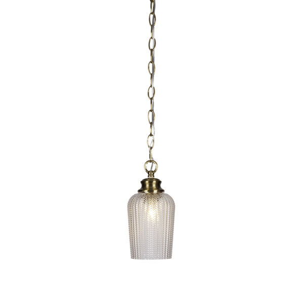 Cordova New Age Brass One-Light 10-Inch Chain Hung Mini Pendant with Clear Textured Glass, image 1