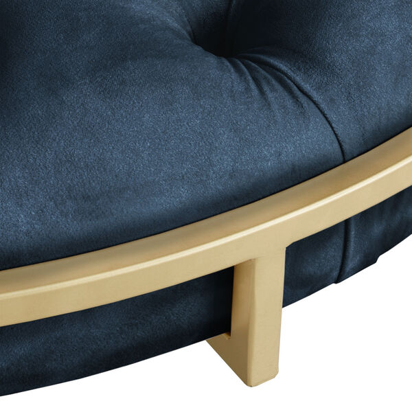 Minnie Blue and Gold Finish Velvet Button Tufted Round Ottoman, image 5