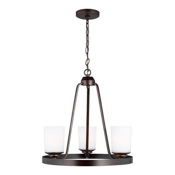 Kemal Bronze Three-Light Chandelier with Etched White Inside Shade, image 1