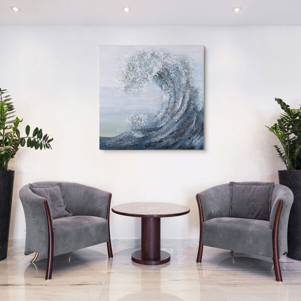 Silver and Blue Crystal Wave Textured Glitter Unframed Hand Painted Wall Art, image 1