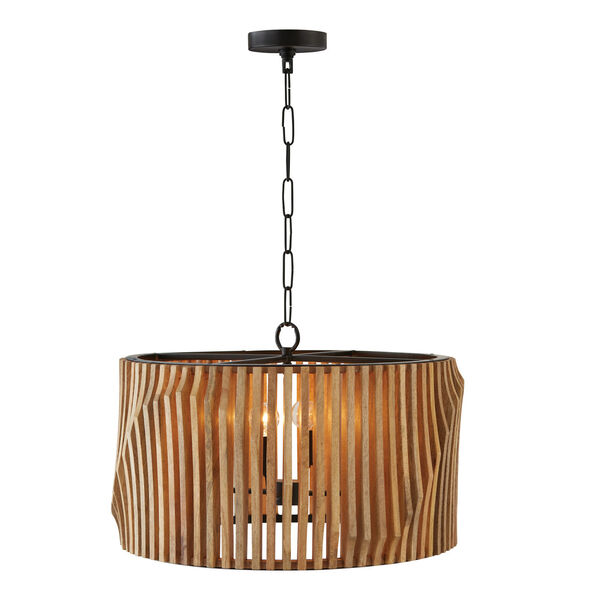 Archer Light Wood and Matte Black Four-Light Pendant Made with Handcrafted Mango Wood, image 3