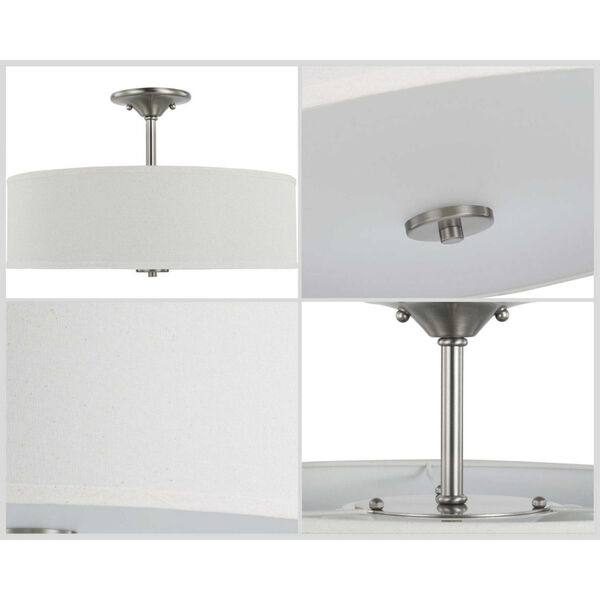 Inspire Brushed Nickel 18-Inch Three-Light Semi-Flush Mount with Off White Linen Shade, image 3