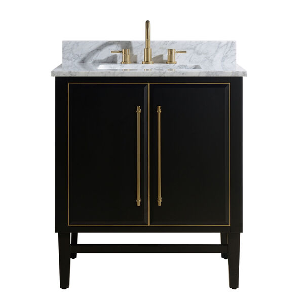 Black 31-Inch Bath vanity Set with Gold Trim and Carrara White Marble Top, image 1