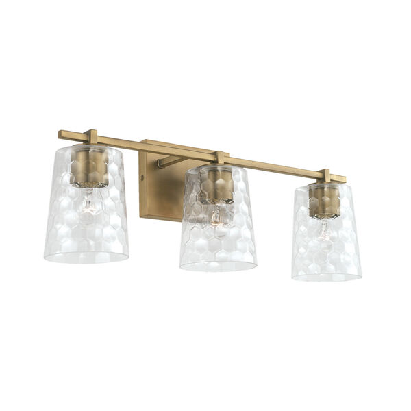 Burke Aged Brass Three-Light Bath Vanity with Clear Honeycomb Glass Shades, image 1