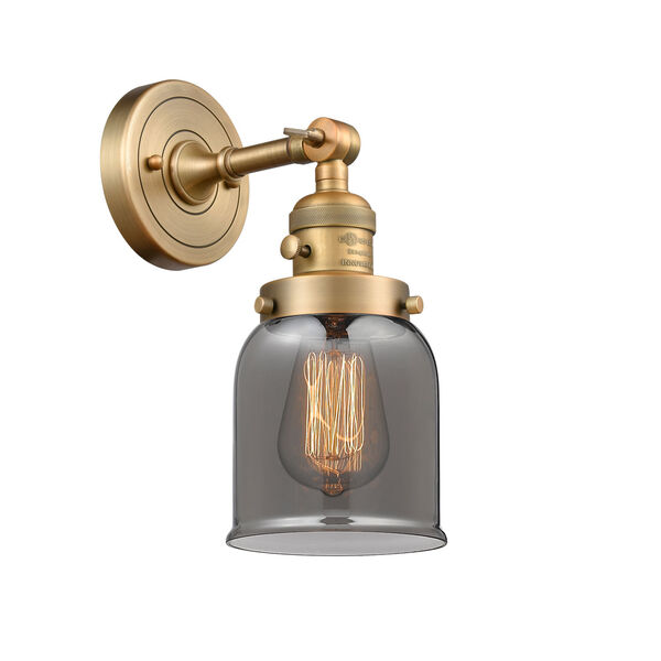 Small Bell Brushed Brass One-Light Wall Sconce with Smoked Glass, image 1