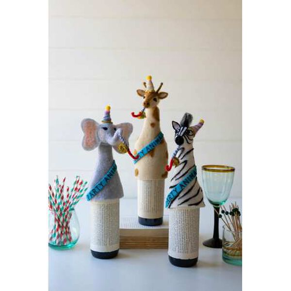 White Blue Felt Party Animal Bottle Toppers One Each Design, Set of Three, image 1