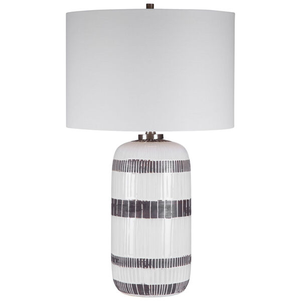Granger Aged White Glaze One-Light Striped Table Lamp with Round Drum Hardback Shade, image 1