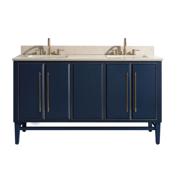 Navy Blue 61-Inch Bath vanity Set with Gold Trim and Crema Marfil Marble Top, image 1