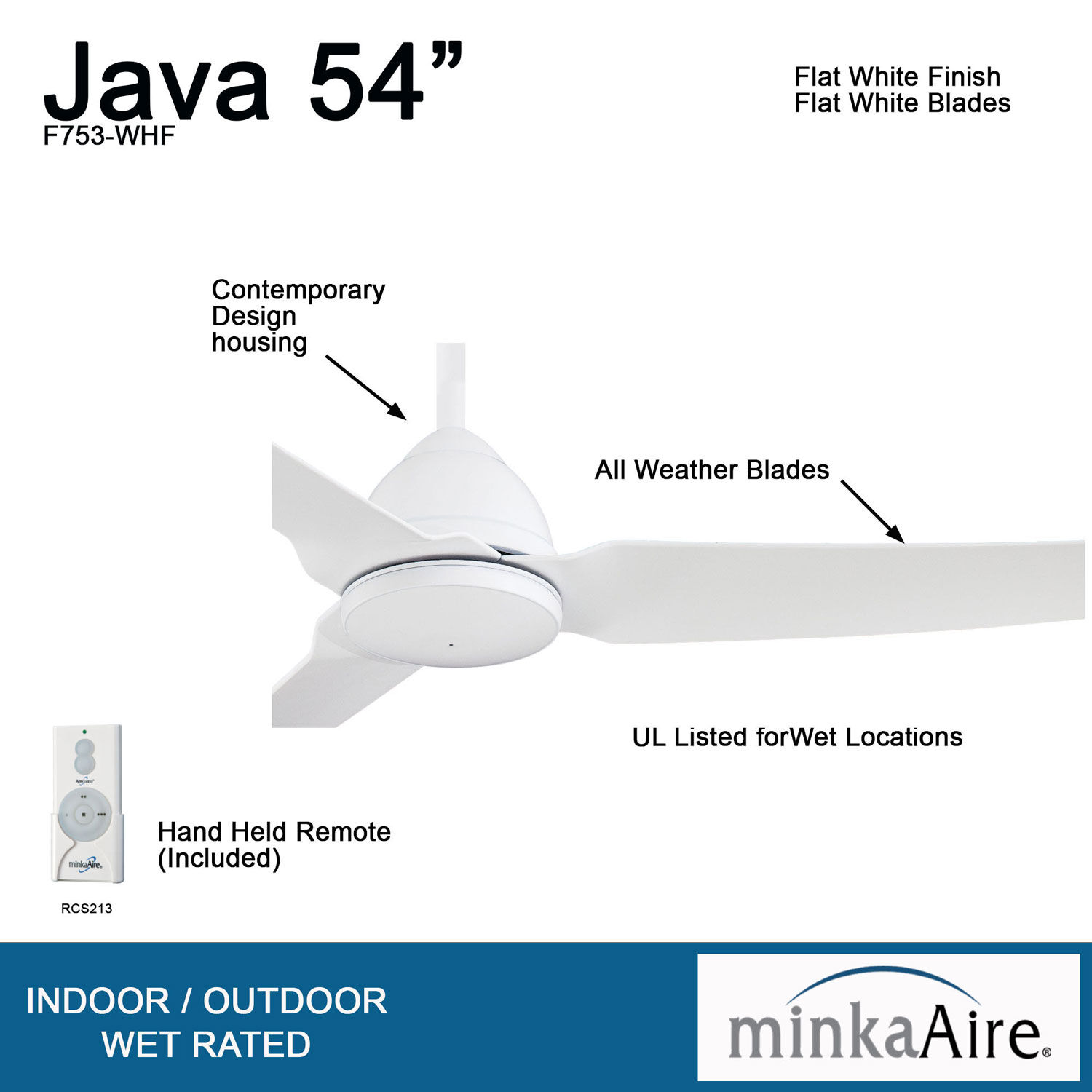 Minka Aire F753-WHF Flat White Indoor/Outdoor 54" Java Ceiling Fan w/Remote 