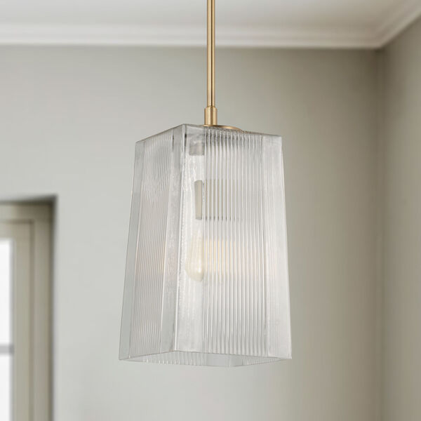 Lexi Aged Brass One-Light Tapered Rectangular Pendant with Clear Fluted Glass, image 3