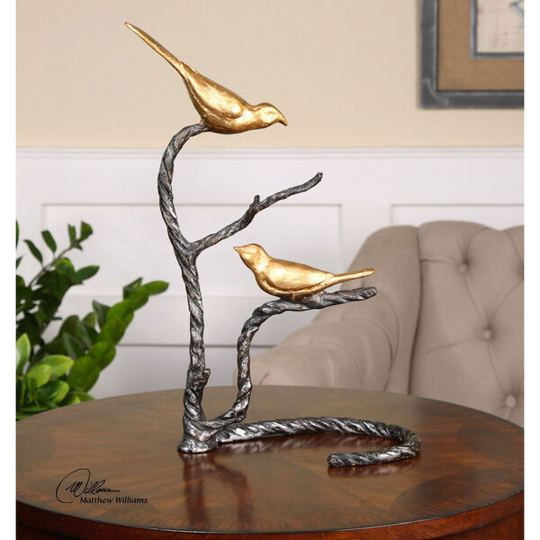 Metallic Gold Birds on a Limb Sculpture, image 2