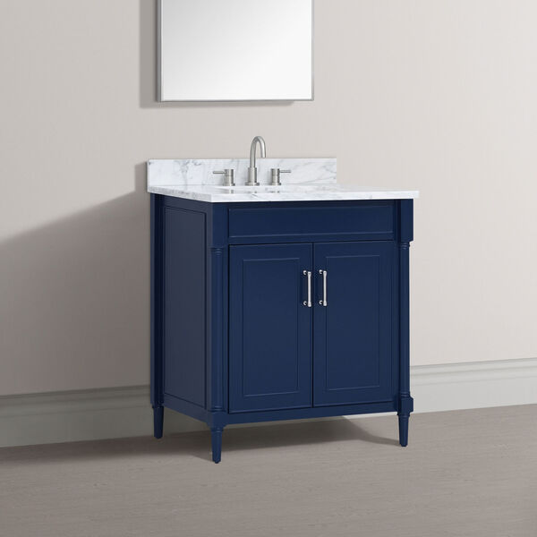 Bristol Navy Blue 31-Inch Vanity Set with Carrara White Marble Top, image 3
