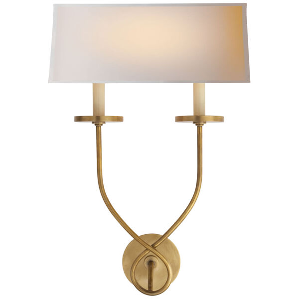 Symmetric Twist Double Sconce in Antique-Burnished Brass with Natural Paper Shade by Chapman and Myers, image 1