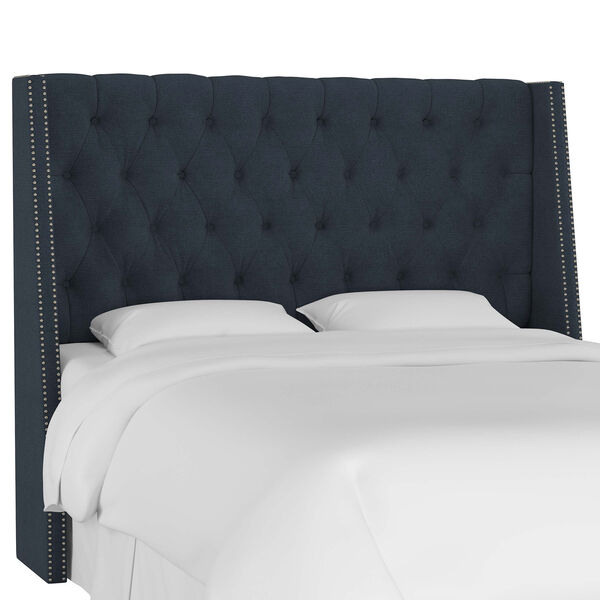 Queen Linen Navy 66-Inch Nail Button Tufted Wingback Headboard, image 1