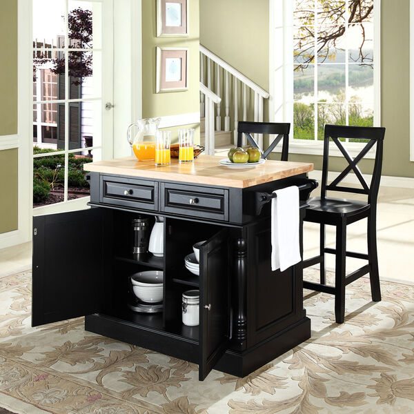 Butcher Block Top Kitchen Island in Black Finish with 24-Inch Black X-Back Stools, image 3