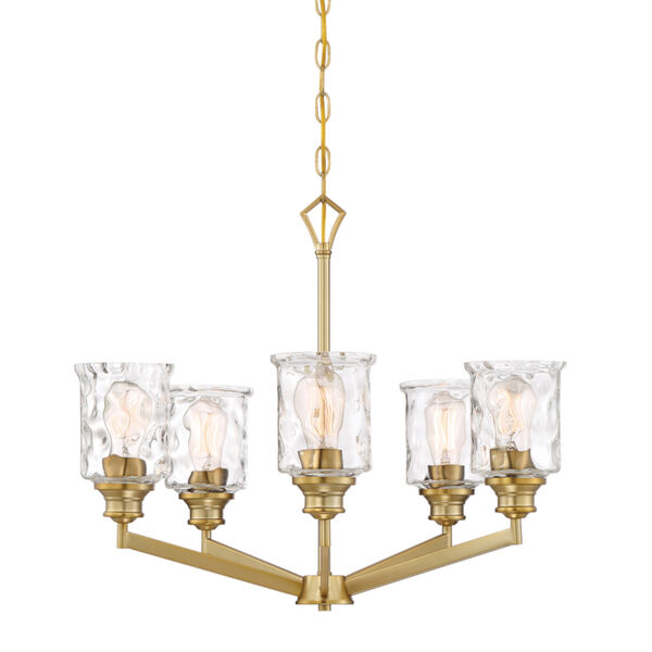 Drake Brushed Gold Five-Light Chandelier with Clear Hammered Glass, image 1