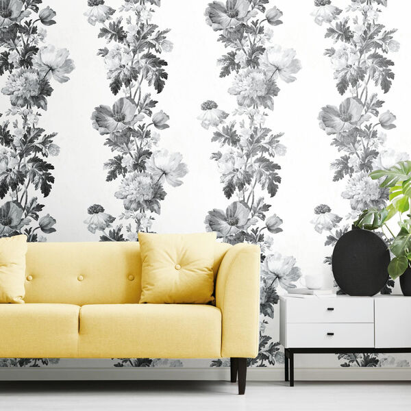 Black and White Watercolor Floral Peel and Stick Wallpaper, image 1