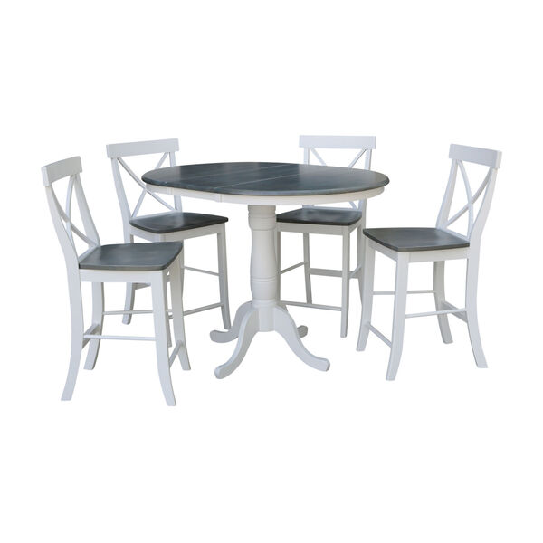 White and Heather Gray 36-Inch Round Extension Dining Table With Four X-Back Counter Height Stools, Five-Piece, image 1
