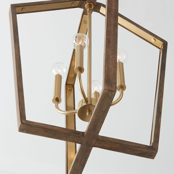 Maren Nordic Wood and Matte Brass Four-Light Pendant Made with Handcrafted Mango Wood, image 3