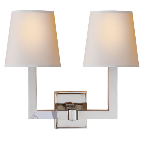 Square Tube Double Sconce in Polished Nickel with Natural Paper Shades by Chapman and Myers, image 1