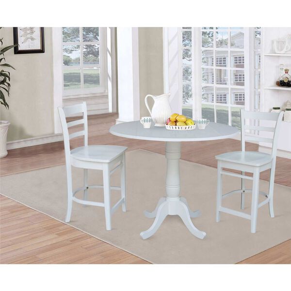 White Round Pedestal Counter Height Drop Leaf Table with Stools, 3-Piece, image 1