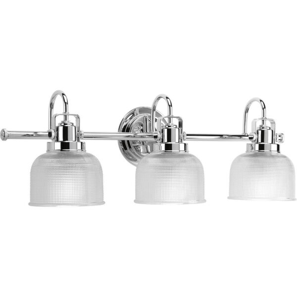 Archie Polished Chrome Three-Light Bath Fixture with Clear Double Prismatic Glass Shades, image 1