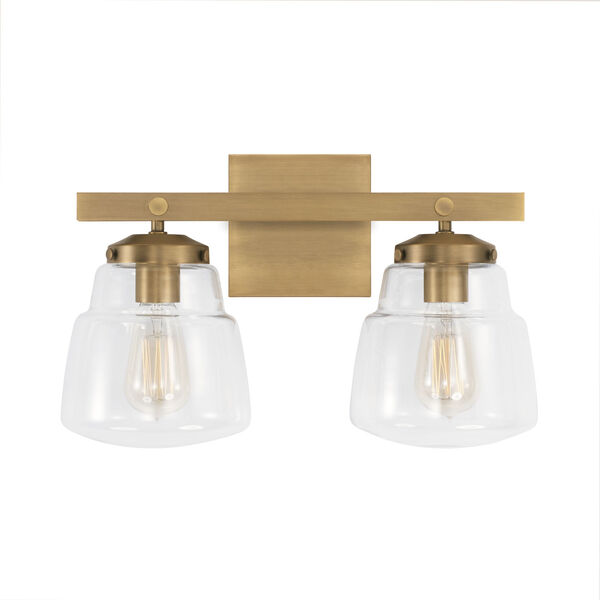 Dillon Aged Brass Two-Light Bath Vanity with Clear Glass Shades, image 2