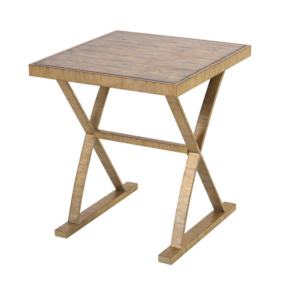 Better Ending Bright Aged Gold and Solid Brown Stained Pine Side Table, image 1