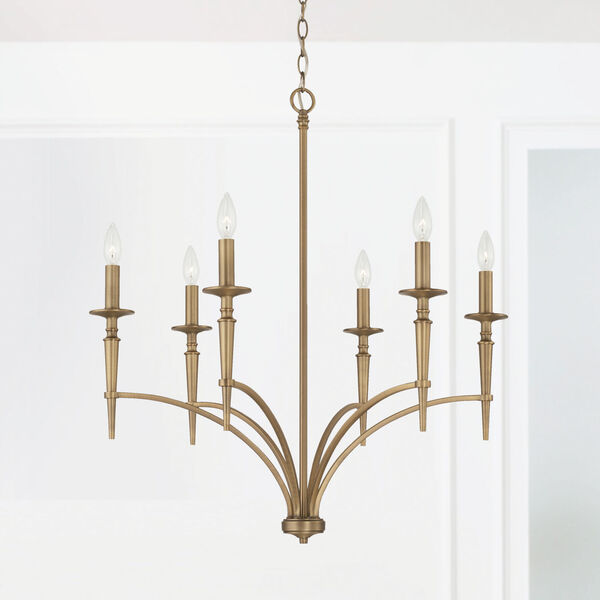Abbie Aged Brass Six-Light Chandelier with White Fabric Stay Straight Shades, image 5