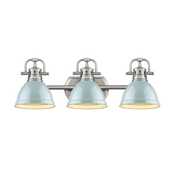 Duncan Pewter Three-Light Vanity Fixture with Seafoam Shade, image 2