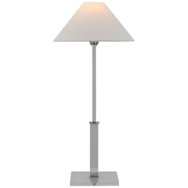Asher Table Lamp in Polished Nickel and Crystal with Linen Shade by J. Randall Powers, image 1