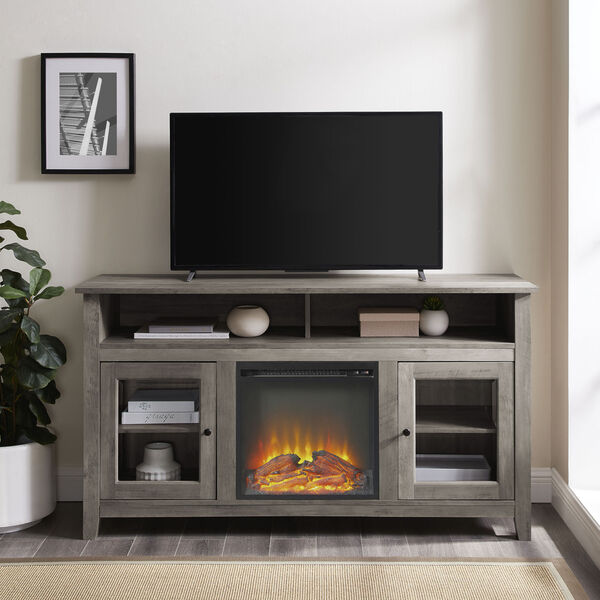 Gray Wash 58-Inch Fireplace Glass Wood TV Stand, image 2